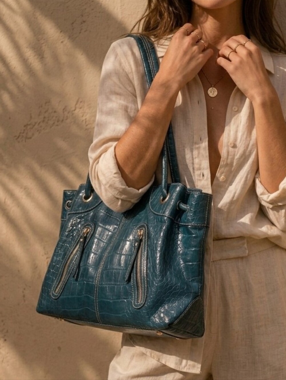 Elle Teal Blue Crocodile Embossed Faux Leather Tote Bag Chic & Roomy